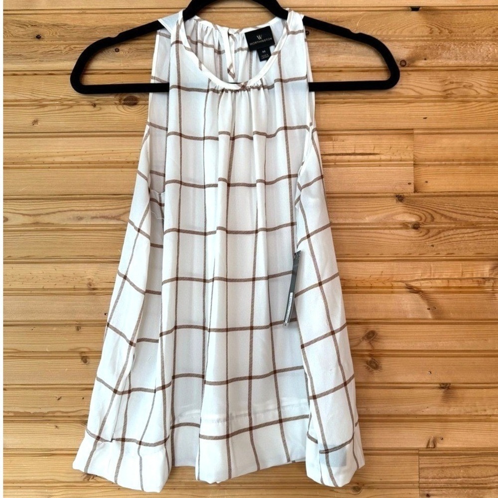 Worthington Top Sleeveless Grid Pattern Cream Brown Medium NWT Flowy Coastal BBQ